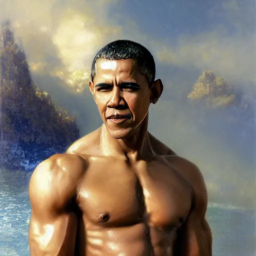 Prompt: detailed realistic cinematic wide shot of beautiful attractive muscular barack obama doing zyzz pose with gold chain wearing blue bath robe slim face symettrical face clean skin black eyes black robe smooth, sharp focus, ultra realistic, spring light, painting by gaston bussiere, craig mullins, j. c. leyendecker
