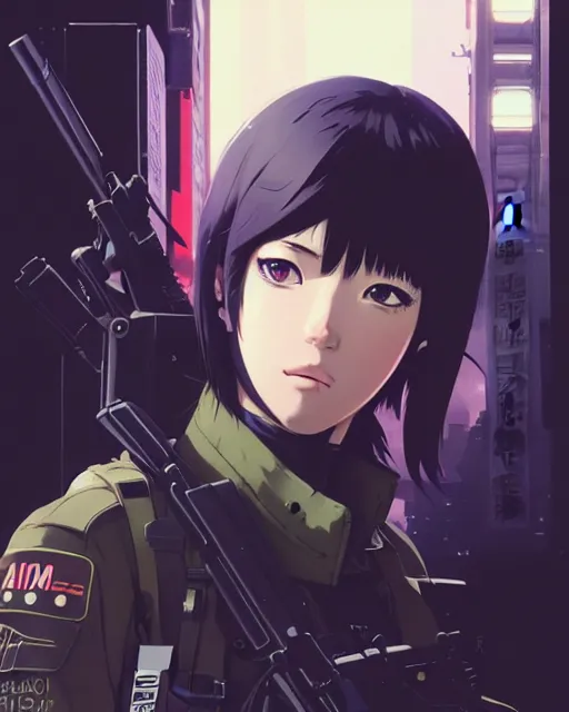 Image similar to girl wearing tactical gear, very anime, fine - face, audrey plaza, realistic shaded perfect face, fine details. anime. realistic shaded lighting poster by ilya kuvshinov katsuhiro otomo ghost - in - the - shell, magali villeneuve, artgerm, jeremy lipkin and michael garmash and rob rey