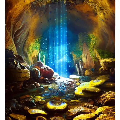 Image similar to adventurer archeologist, inside the wishing well cavern, piles of gold coins, refractive jewels, shallow water, gold refractions off water, moonlight beam from above illuminates cavern, reflective clean water on cavefloor, slick wet walls, soft glow fungi, small flowing stream from wall, lichen patches, gold dappled lighting, movie poster painting