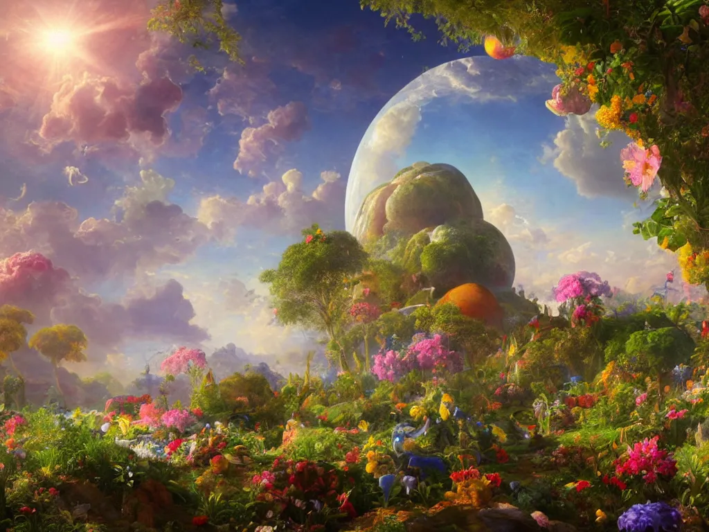 Prompt: the universe is a spheroid region 7 0 5 meters in diameter, sunlight study, art nouveau, 3 d render, by jan davidsz de heem and thomas cole and ( ( ( ( ( lisa frank ) ) ) ) ), kauai springtime, 8 k, extreme detail, sharp focus, octane render