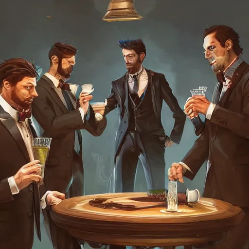 Prompt: a group of gentlemen with classy suits enjoying terraria while drinking their tea, art by artgerm and greg rutkowski, masterpiece, ultra realistic, photorealistic intricate details, concept art, highly detailed, photorealistic, dynamic lighting