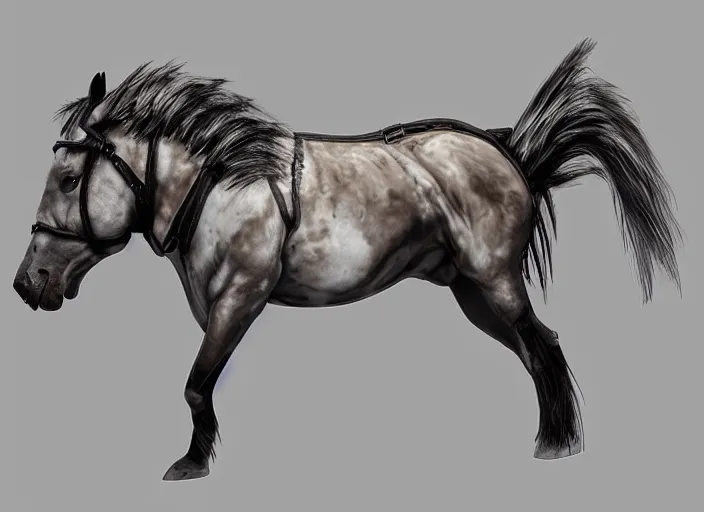 Image similar to concept art of algie infected stallion, carrying a saddle bag, digital art, photo realistic, highly detailed