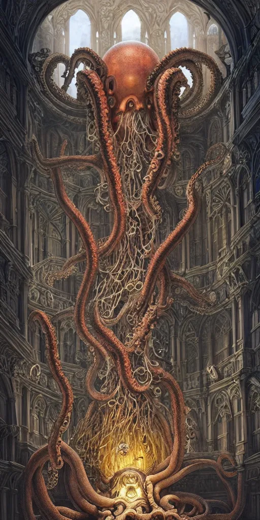 Image similar to group of mankind species mages with big octopus heads and a lot of translucent jellyfishes floating around inside an ancient mage castle hall colossal scale, gothic and baroque, brutalist architecture, ultradetailed, Intricate by Ellen Jewett and Josan Gonzalez and Giuseppe Arcimboldo