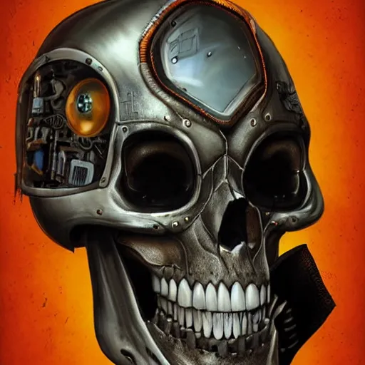 Image similar to a portrait of an cyborg vintage skull, vampire teeth, in an orange racing helmet by sandra chevrier, detailed render, epic composition, cybernetics, 4 k realistic, cryengine, realistic shaded lighting, sharp focus, masterpiece, by matteo scalera, gary montalbano, peter elson in the style of the tokyo ghost comic