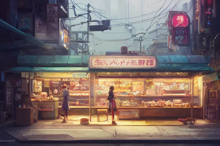 Image similar to A highly detailed matte painting of a single small snack bar with take away counter with sign by Studio Ghibli, Makoto Shinkai, by Artgerm, by WLOP, by Greg Rutkowski, volumetric lighting, cyberpunk, octane render, 4K resolution, trending on artstation, masterpiece