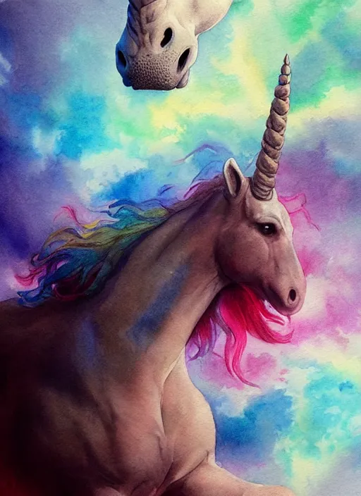 Image similar to portrait, a unicorn farting a rainbow, watercolor, dramatic lighting, cinematic, establishing shot, extremely high detail, foto realistic, cinematic lighting, pen and ink, intricate line drawings, by Yoshitaka Amano, Ruan Jia, Kentaro Miura, Artgerm, post processed, concept art, artstation, matte painting, style by eddie mendoza, raphael lacoste, alex ross