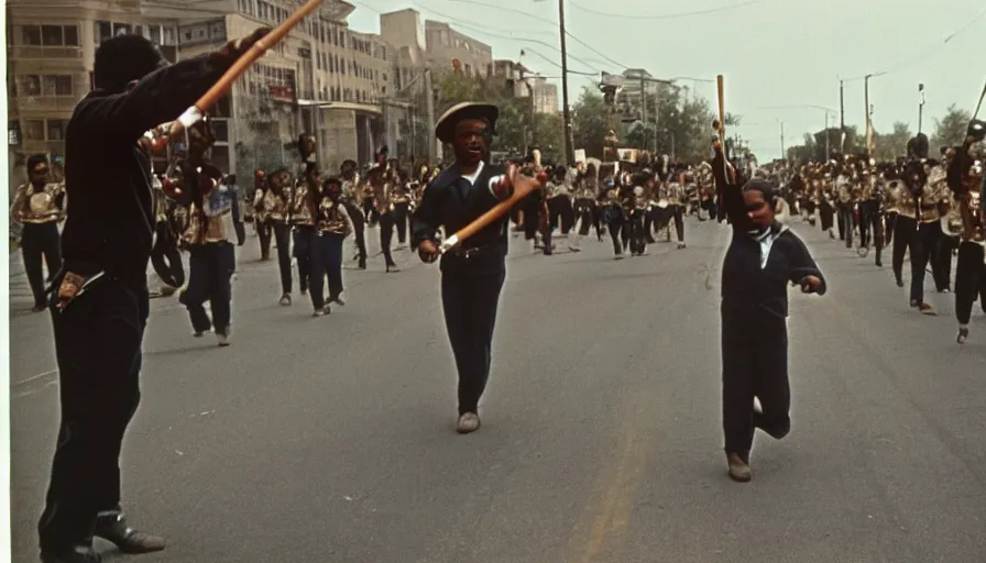 Prompt: 7 0 s film still from a horror movie of gary coleman twirling a baton while marchin in a blm parade, kodachrome, cinecolor, cinestill, film grain, film texture, retro, cinematic, high resolution, photorealism,