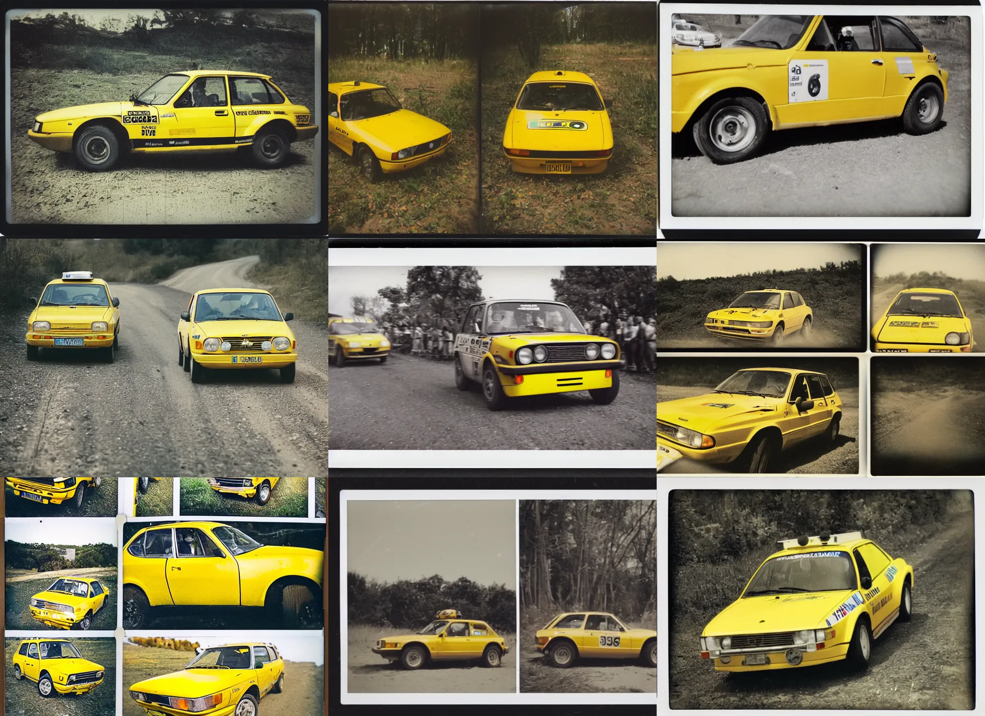 Prompt: old polaroid shots of a yellow rally car