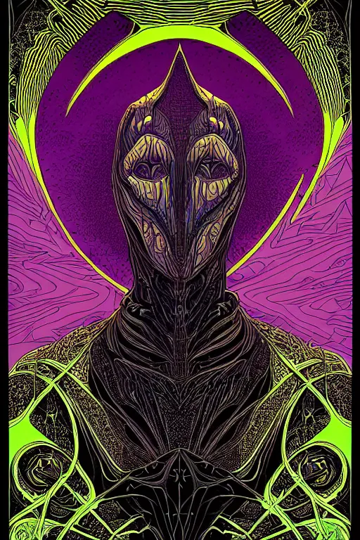 Image similar to portrait of black and psychedelic grainshading print by dan mumford, moebius, goblinko, richard corben, wayne barlowe, heavy metal comic cover art, psychedelic triangular skeleton, very intricate, thick outline, full body, symmetrical face, long black crown, in a shapes background, galactic dark colors