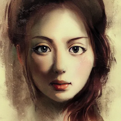 Image similar to portrait, rococo, manga, tonal, pretty young lady, thin, dark hair painting chaos