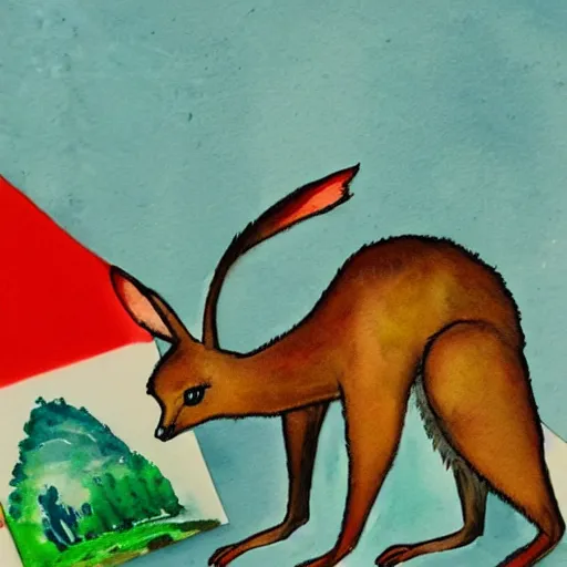 Prompt: watercolor sketch of a story book kangaroo in the style of soviet propaganda