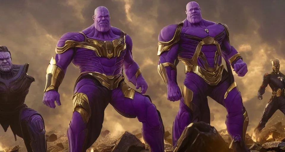 Image similar to Thanos in a three piece suit about to take on the avengers detailed realistic d&d