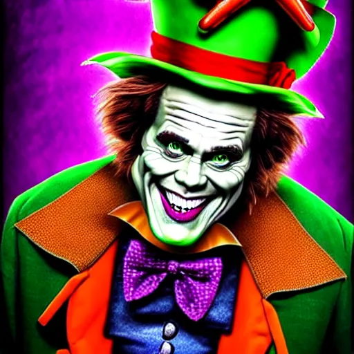 Image similar to Jim Carrey as mad hatter. epic game portrait. Highly detailed. D&D art by Michelangelo