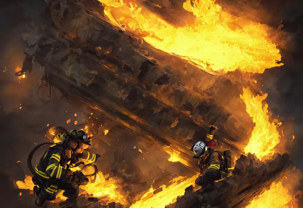 Image similar to one heroic firefighter in action in black and yellow uniform, fire flames, sharp details, sharp focus, realistic, highly detailed, illustration, by jordan grimmer and greg rutkowski and pine ( ハイネ ) and 薯 子 imoko and 香 川 悠 作 and wlop and maya takamura, intricate