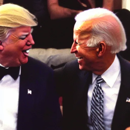 Image similar to donald trump and joe biden laughing together, taken by a bad webcam.