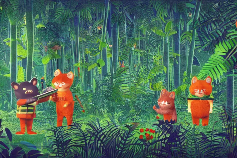 Prompt: night jungle, forest, stars, highly detailed, glitch on animals, unreal engine render concept art, style of henri rousseau and richard scarry and hiroshi yoshida