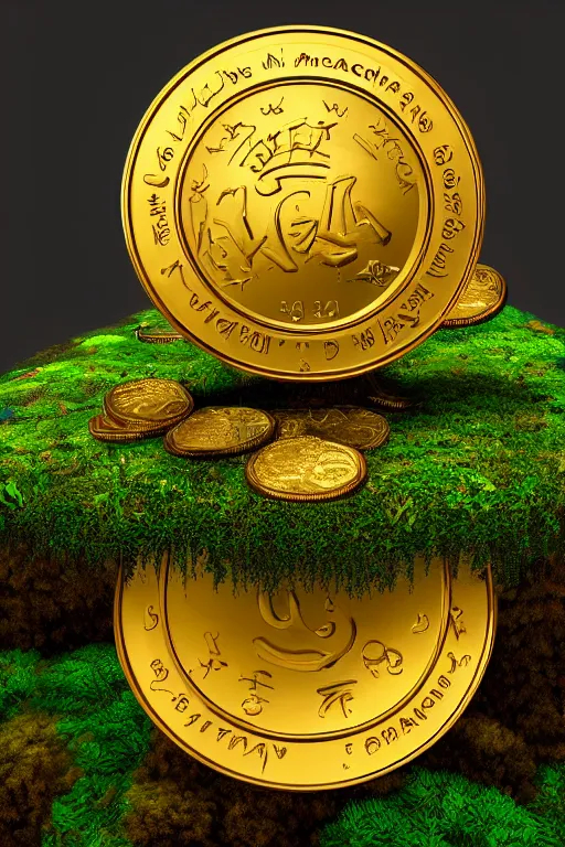 Prompt: SA magical gold coin on a bed of moss, dramatic lighting, cinematic, establishing shot, extremely high detail, foto realistic, cinematic lighting, post processed, concept art, high details, cinematic, 8k resolution, beautiful detailed, photorealistic, digital painting, artstation, concept art, smooth, sharp focus, artstation trending, octane render, unreal engine