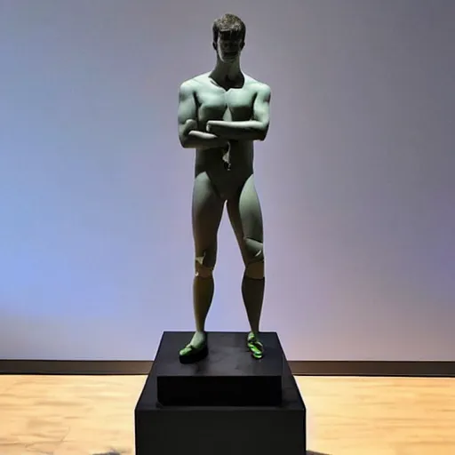 Image similar to “a realistic detailed photo of a guy who is an attractive humanoid who is half robot and half humanoid, who is a male android, actor Liam Hemsworth, shiny skin, posing like a statue, blank stare, at the museum, on display”