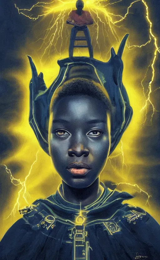 Prompt: upper half portrait of an african in yellow cape - inside the clouds - surrounded by bolts of lightning - rays of light emanating from clouds - in drew struzan movie poster style, art by drew struzan & hsiao - ron cheng, highly detailed, digital painting, ray tracing, illustration, smooth, sharp focus, intricate, symmetry, artstation,