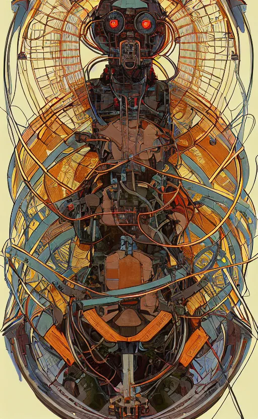 Image similar to upper half portrait of army mecha robot - wires and vines as design borders, art by alphonse mucha, highly detailed, digital painting, concept art, illustration, smooth sharp focus, intricate, symmetry, artstation, colourful,