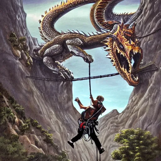 Image similar to groups of adventurer rock climbers climbing a giant ancient dragons skull, very detailed, fantasy art, dungeons and dragons, belaying, ropes, equipment, landscape, cover of national geographic