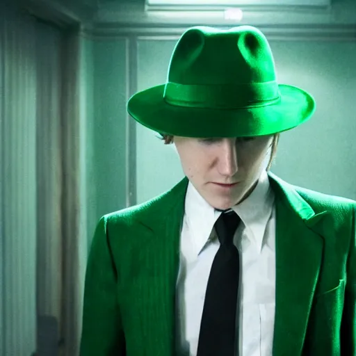 Image similar to film still of Paul Dano as Riddler in a green suit and tie and green fedora in The Batman, 4k, dark lighting, film noir, grainy, dark tone