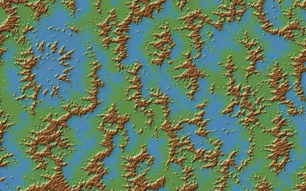 Image similar to a topographical map of a new strange new earth like world, fractal terrain very detailed with lakes, forests, mountains, deserts and other terrain types