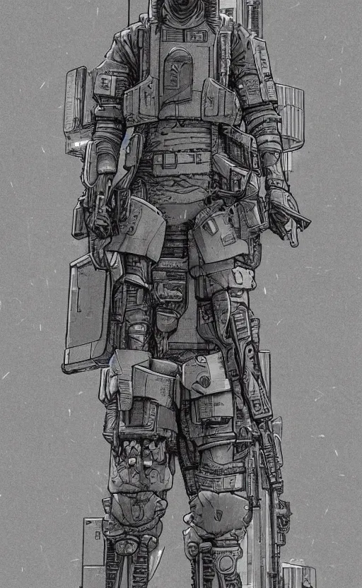 Image similar to a cyberpunk soldier with tactical gear and a rifle patrols a Japanese city on mars, Industrial Scifi, detailed illustration, character portrait, by Martin Grip and Moebius