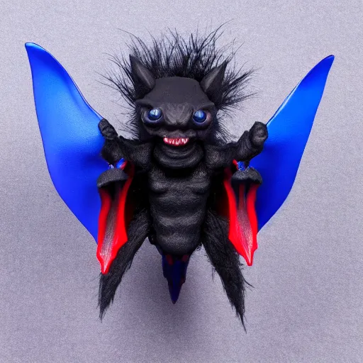 Image similar to detailed full body of scary giant mutant dark blue humanoid pygmy-bat, glowing red eyes, sharp teeth, acid leaking from mouth, realistic, giant, bat ears, bat nose, bat claws, bat wings, furred, covered in soft fur, detailed, 85mm f/1.4