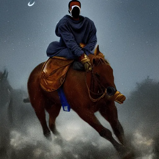 Image similar to a wideshot of a masked kanye west riding a horse into the night as riots go on in the background, dark, blue hour, cinematic lighting, by alan lee, intricate, grim, digital art, trending on artstation