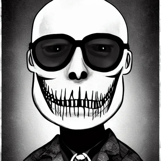 Image similar to grunge drawing of Klaus Schwab in the style of jack skellington and Jacob Shaw,creepy, surreal, trending on artstation, bold and vivid colour