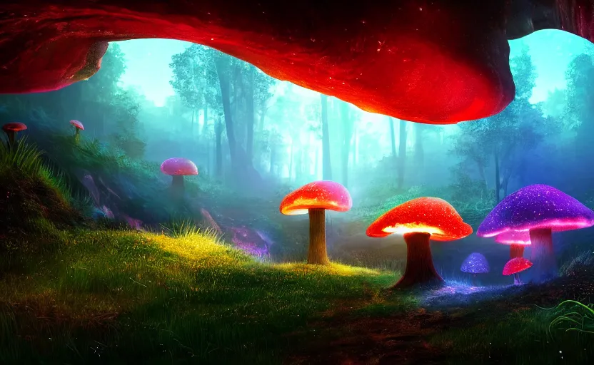 Image similar to a beautiful and stunning professional digital artwork of a glowing mushroom cave, haze, spores floating in the air, ruby geodes, waterfall, volumetric lighting, hyperrealistic, rtx on, ultra detail