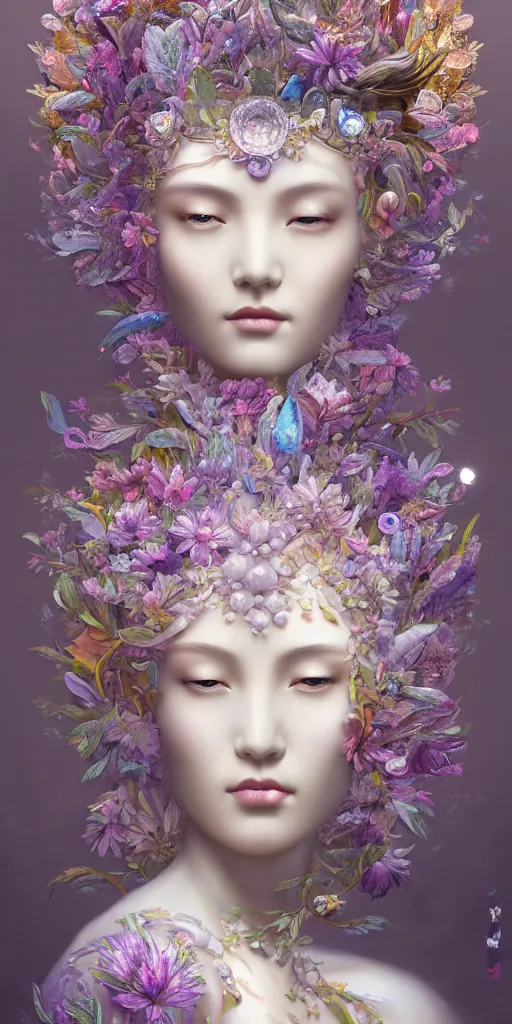 Prompt: breathtaking detailed concept art painting art deco portrait of gaea the goddess amalgamation flowers made of crystals, by hsiao - ron cheng, bizarre compositions, exquisite detail, extremely moody lighting, 8 k