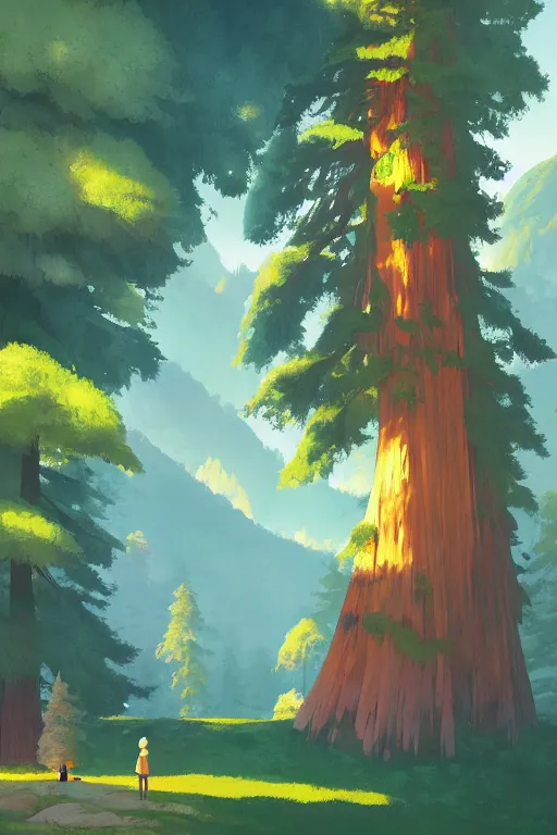 Image similar to Sequoia Park in a colorful moutain with beautiful trees ,morning , by studio ghibli painting, superior quality, masterpiece, traditional Japanese colors, by Grzegorz Rutkowski, concept art