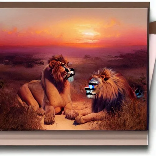 Image similar to twin flame lioness and lion art pink sunset hue highly detailed oil painting hue by craig mullins