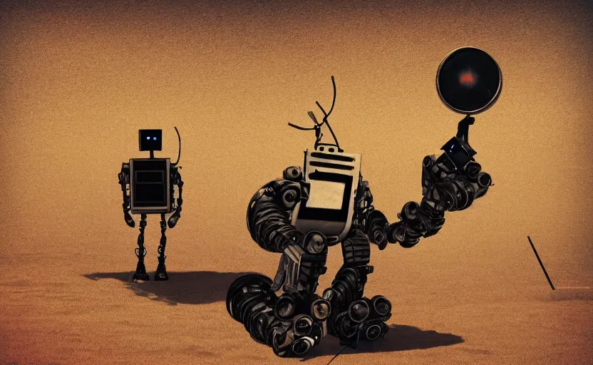 Image similar to a robot made out of vintage televisions, walking through the desert, desperate looking for water, digital art