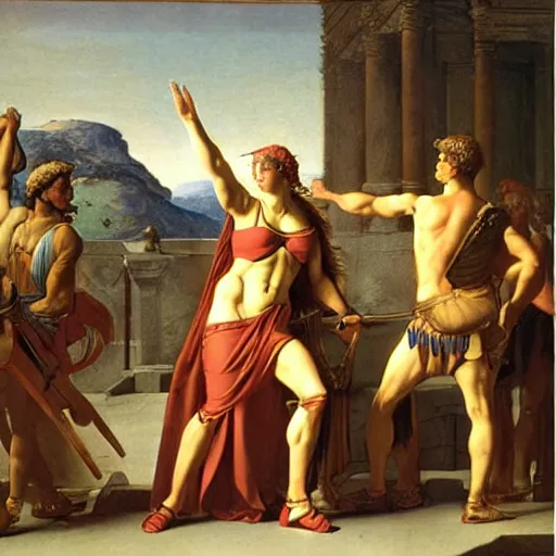 Prompt: muscular warrior women, roman women in armor, oath of the horatii, jacques - louis david