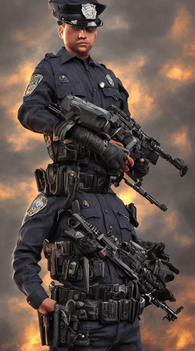 Image similar to toy police officer, render, hd, hdr, hyperrealistic, stunning art, masterpiece, hyper detailed