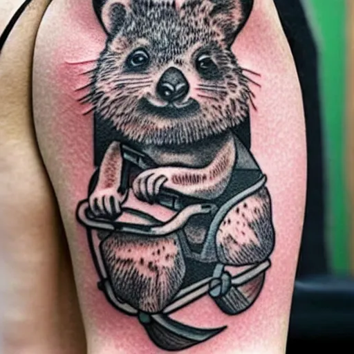 Image similar to a tattoo of a quokka riding a bicycle