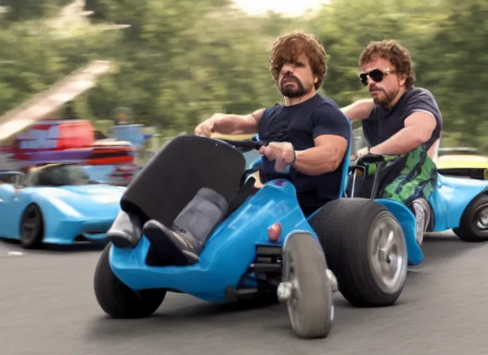 Image similar to peter dinklage racing vin diesel driving a little tikes cozy coupe, movie still, from the new gone in 6 0 seconds movie, 8 k, realistic