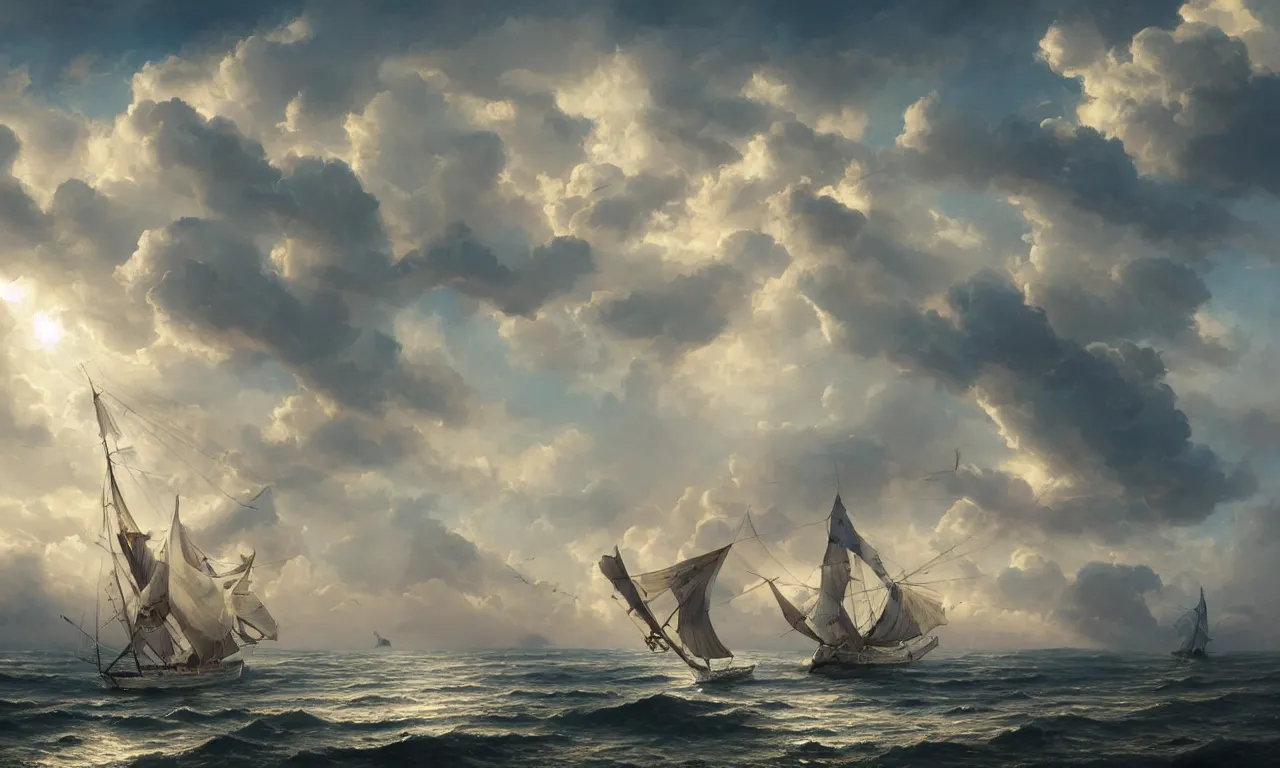 Image similar to a beautiful digital painting of a white caravel in the clouds, birds flying in the sunlight, numerous intricated sails, blue sky at sunset, elegant, highly detailed, artstation, concept art, matte, sharp focus, art by tom bagshaw, kelogsloops and greg rutkowski