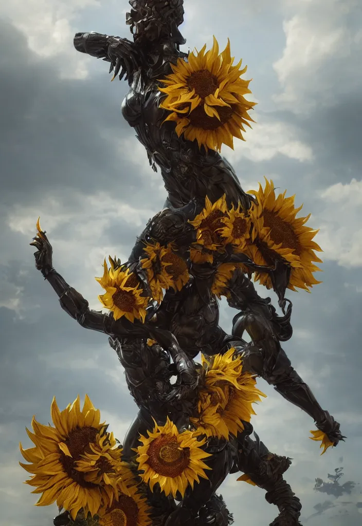 Image similar to sunflower statue by greg rutkowski, sung choi, mitchell mohrhauser, maciej kuciara, johnson ting, maxim verehin, peter konig, 8 k photorealistic, cinematic lighting, hd, high details, dramatic, atmosphereric, trending on artstation