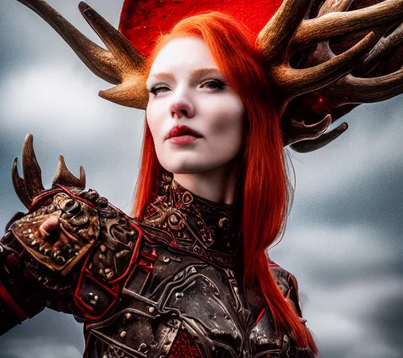 Image similar to a portrait photo of an armored woman warrior redhead with antlers sitting on the edge of a giant red cap mushroom that covers a whole town and reaches above the clouds by luis royo. intricate. lifelike. soft light. sony a 7 r iv 5 5 mm. cinematic post - processing