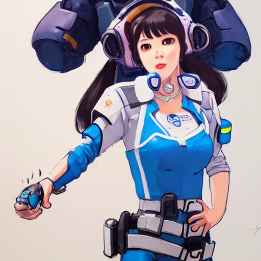 Image similar to D.VA from Overwatch wearing a police uniform by Kim Jung Gi, holding handcuffs in one hand Blizzard Concept Art Studio Ghibli. oil paint. 4k. by brom.