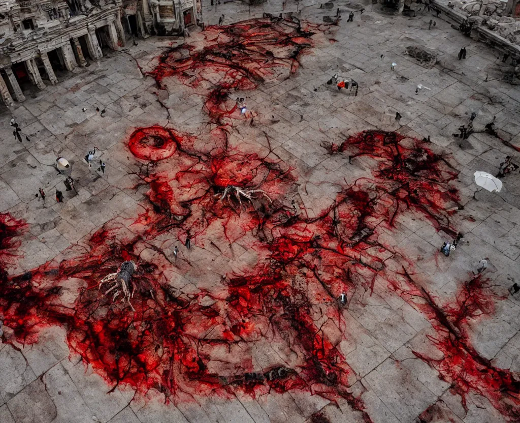 Prompt: Giant mosquito monster flying in the plaza of the ruined city. Drops of blood and meat with kidneys, tumors, capillaries and lungs on the asphalt of the plaza. Ruins. Dark and red colors, high detail, hyperrealism, horror art, 8k