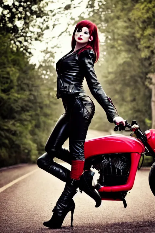 Image similar to full - length photo, young woman, riding a motorcycle, gothic clothes, red high heels, leather jacket, 4 k, colourful