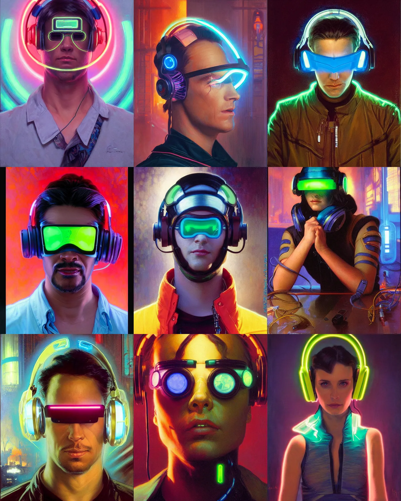 Prompt: neon cyberpunk hacker with glowing geordi visor over eyes and headphones headshot portrait painting by donato giancola, rhads, loish, alphonse mucha, mead schaeffer fashion photography