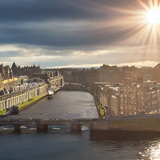 Image similar to Cityscape view of Edinburgh but underwater, sharp focus, sun rays through the water