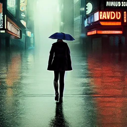 Prompt: a girl walking in a rainy city, still from bladerunner 2049, cinematic