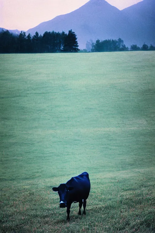 Image similar to film color photography, cow in the blue fog at the lawn, mountains in distance, 35mm